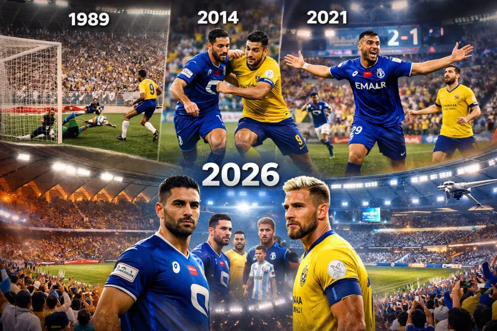 A composite image depicting key moments in the football rivalry between Saudi clubs Al Hilal and Al Nassr, from historic matches in 1989 and 2014, to dramatic encounters in 2021, and a futuristic 2026 showdown featuring global stars and advanced technology