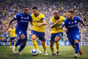 مباراة حاسمة بين الهلال والنصر، حيث يتنافس لاعبو الفريقين في لحظة دراماتيكية تحت أنظار جماهير حماسية، مع تأثير النجوم العالميين مثل كريستيانو رونالدو ونيمار جونيور.